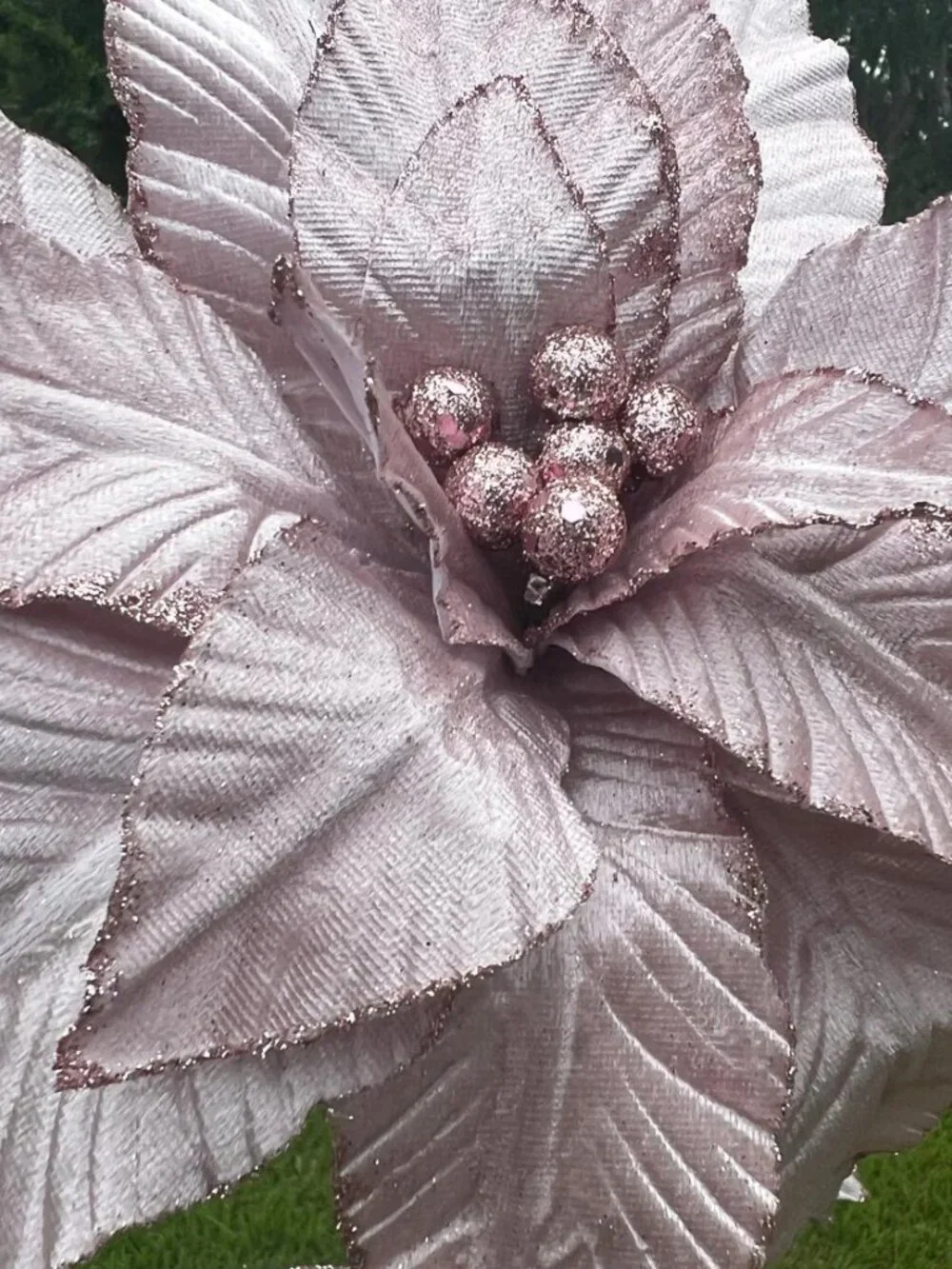 Blush Pink Velvet With Glitter Poinsettia Stem Christmas Holiday Tree Pick